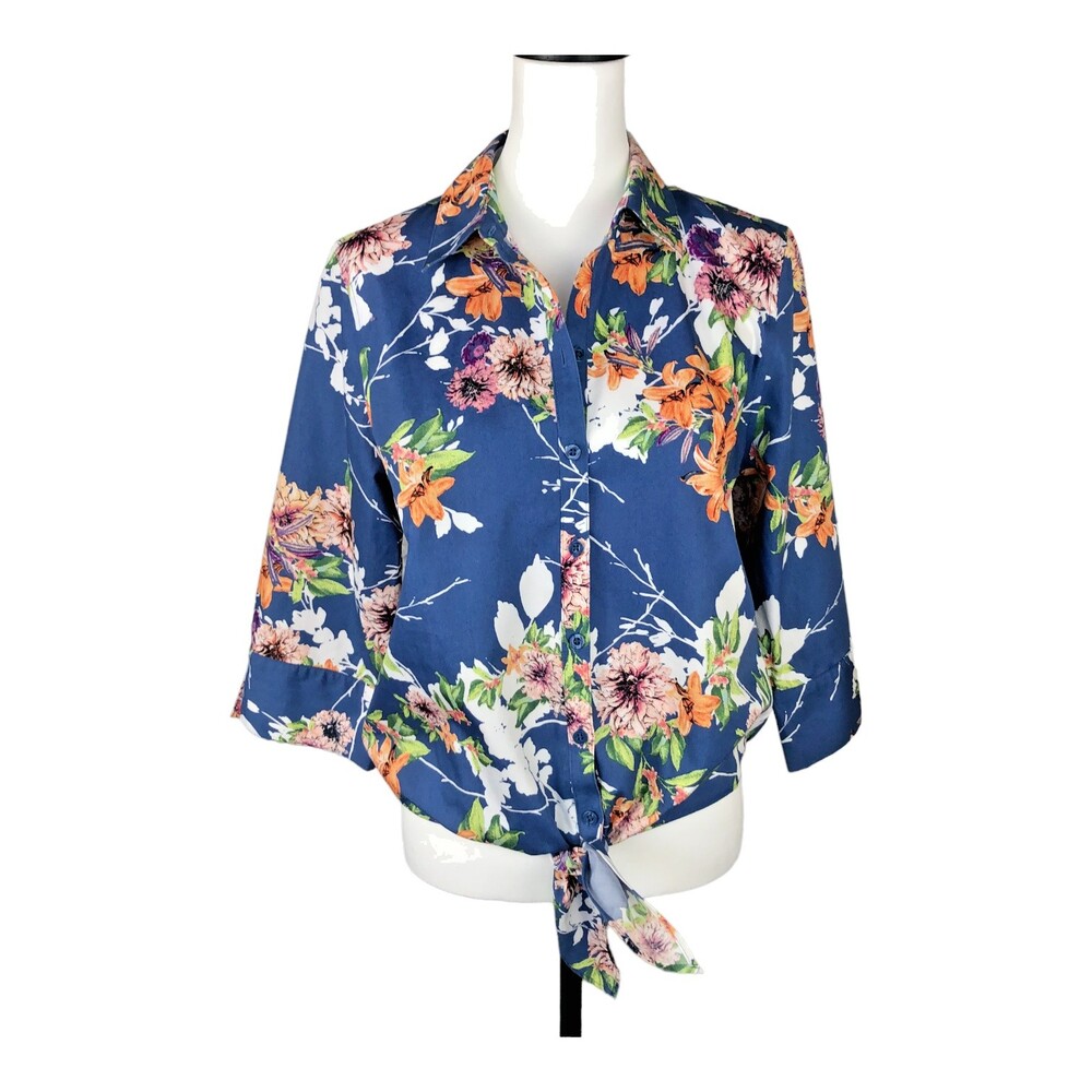 Chico's Women's Blue Floral 3/4 Slit‎ Sleeve Button Down Tie Top Blouse 0.5/6